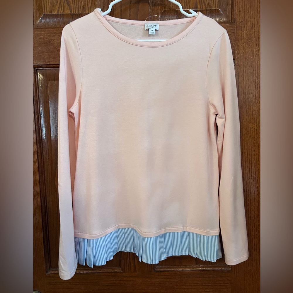 J. Crew Small Pink Pullover With Blue& White Stripped Pleated Hem
